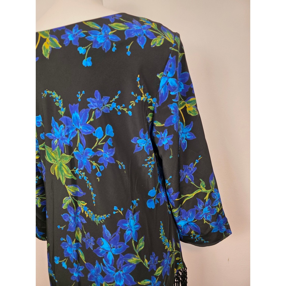Maggie Sweet Black Blue Floral Tassel Drape Neck 3/4 Sleeve Tunic Top Large - Picture 5 of 7